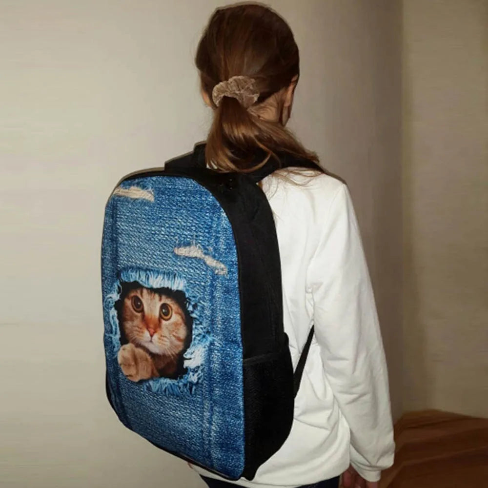3D Cat Print School Bag for Boys Girls Kids Backpack