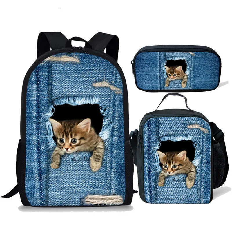 3D Cat Print School Bag for Boys Girls Kids Backpack