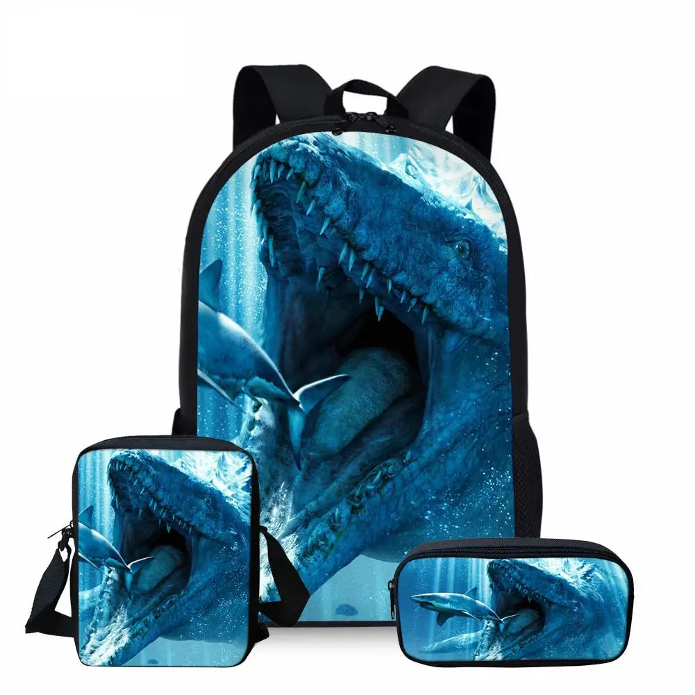 3D Mosasaurus Dinosaur Pattern School Bag Set/3Pcs