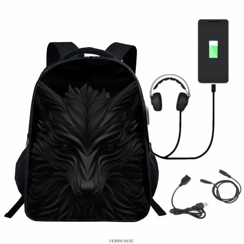 3D Printed Wolf Backpack USB Charge Boys Girls School Bags 16in High