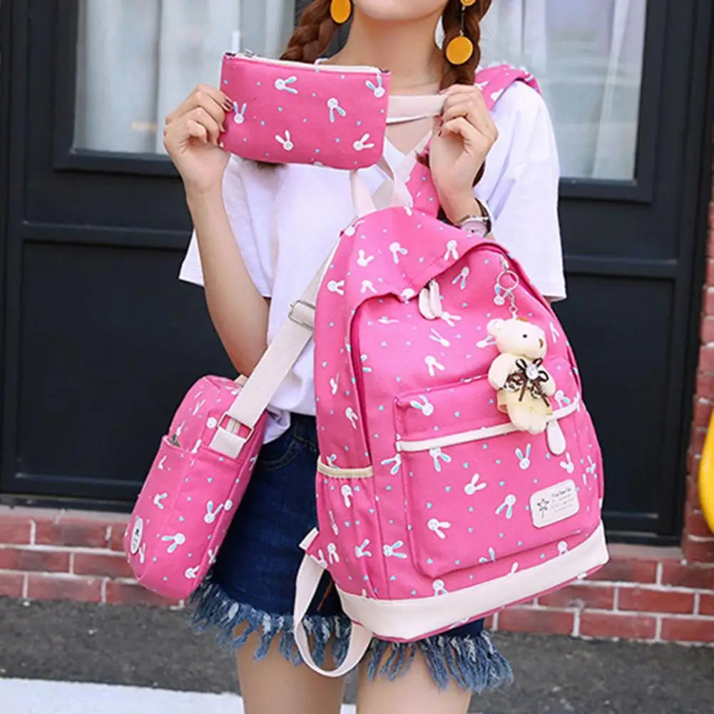 3Pcs/Set Rabbit Print Student Backpack, Adjustable Strap, Large Capacity Bookbag