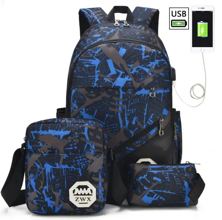 3pc Boys School Bags Set Waterproof Backpack Bookbag Pen Pencil Bag