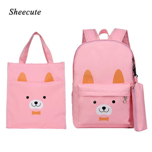Cartoon Bear Girls Backpack Set Canvas School Bag Lightweight Travel