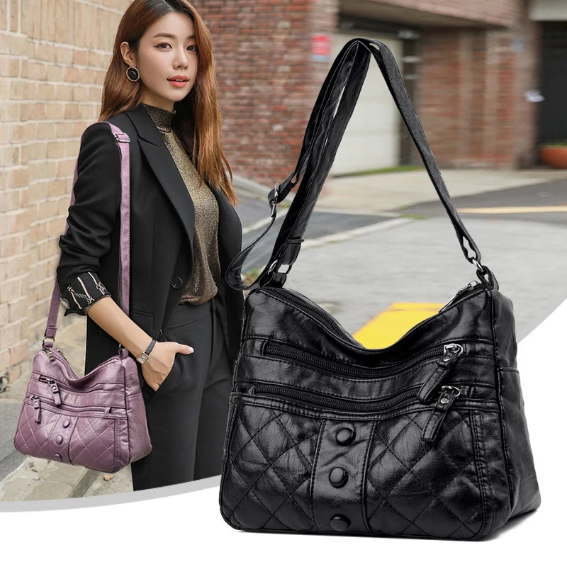 Winter Soft Leather Shoulder Bag with Many Pockets for Women