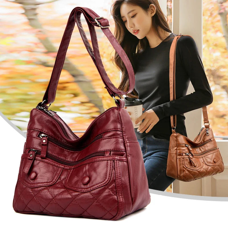 Winter Soft Leather Shoulder Bag with Many Pockets for Women