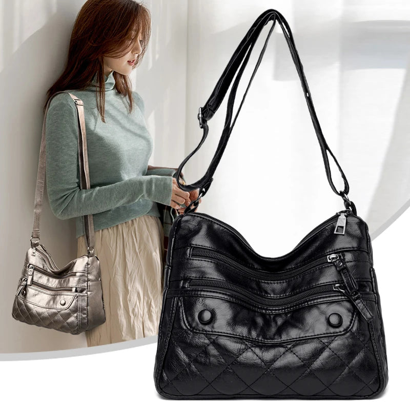 Winter Soft Leather Shoulder Bag with Many Pockets for Women
