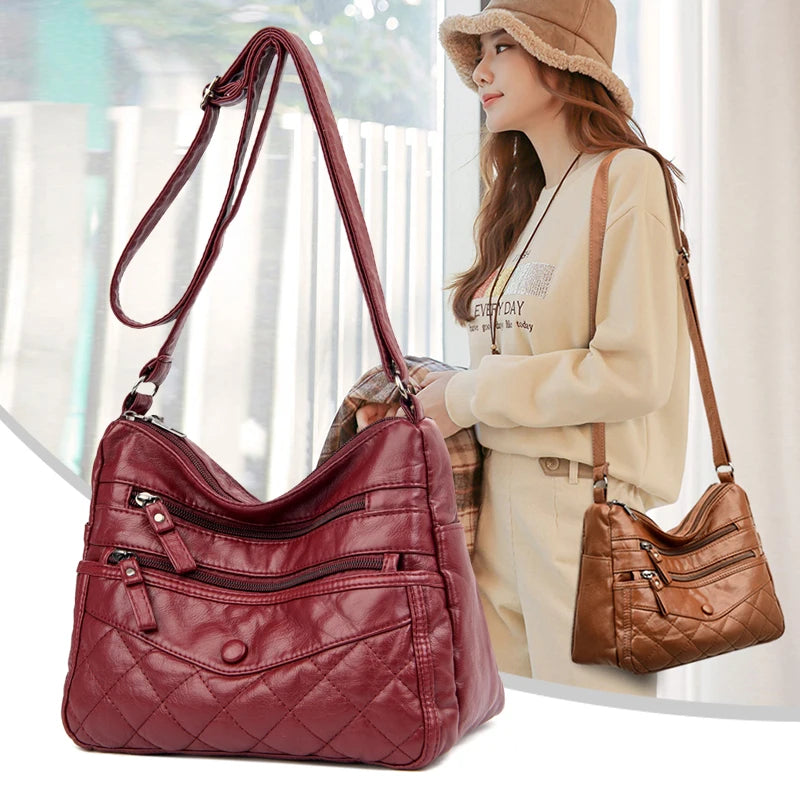 Winter Soft Leather Shoulder Bag with Many Pockets for Women