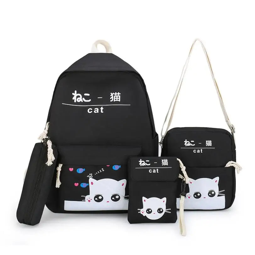 4PCS Japan Cat Backpack Set Small Print for Teenage Girl