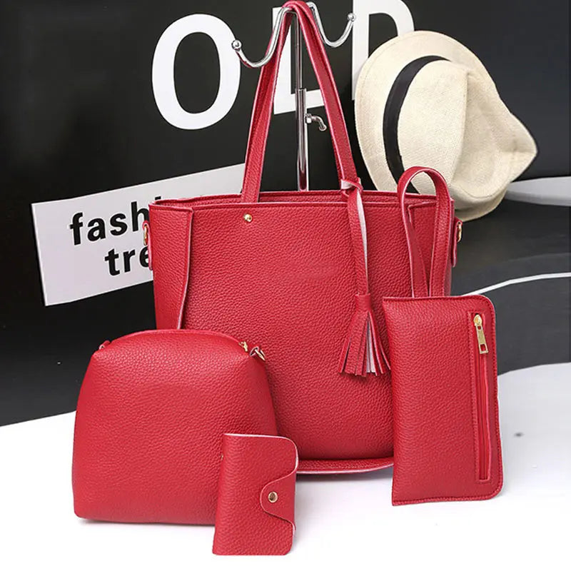 4Pcs/Set Women Messenger Bags Zipped Tassels Leather Handbag