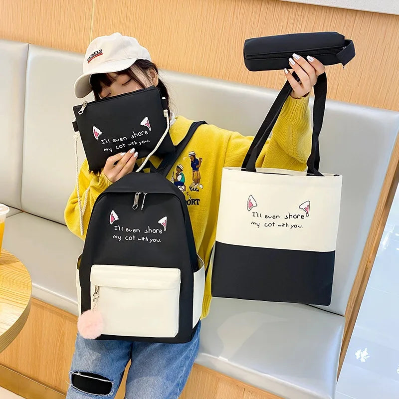 4pcs Cartoon Cat Print Children School Bags for Girls Backpacks