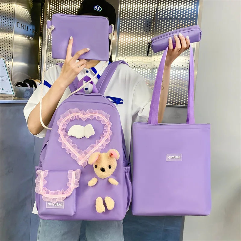 4pcs Set Bear Lace Heart Backpack Shoulder Bag School Bag Teenager Boys Girls