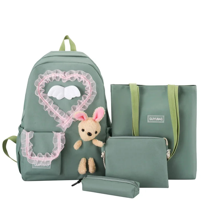 4pcs Set Bear Lace Heart Backpack Shoulder Bag School Bag Teenager Boys Girls