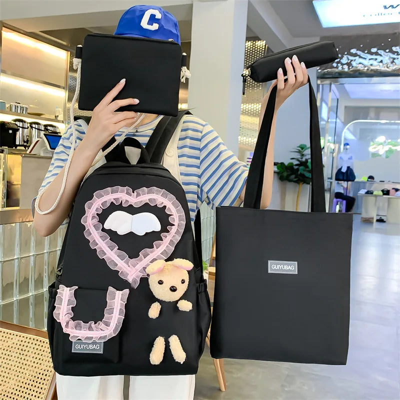 4pcs Set Bear Lace Heart Backpack Shoulder Bag School Bag Teenager Boys Girls