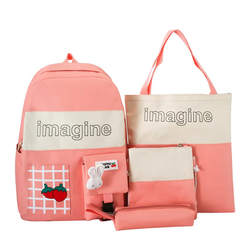 4pcs Set Solid Backpack Strawberry Shoulder Bag School Bag Teenager