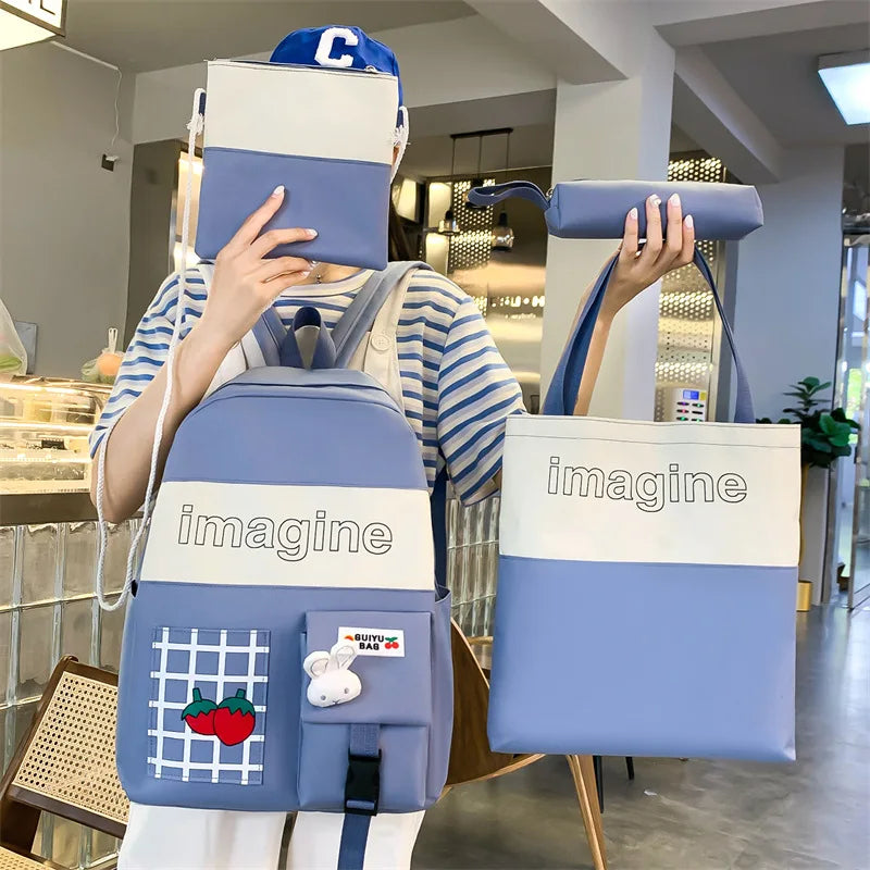 4pcs Set Solid Backpack Strawberry Shoulder Bag School Bag Teenager