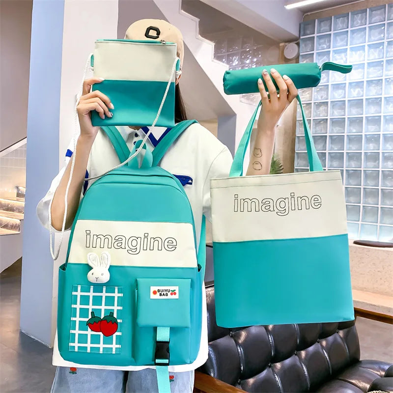 4pcs Set Solid Backpack Strawberry Shoulder Bag School Bag Teenager