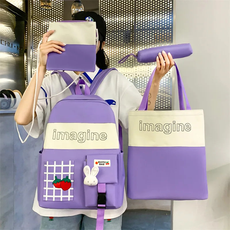 4pcs Set Solid Backpack Strawberry Shoulder Bag School Bag Teenager