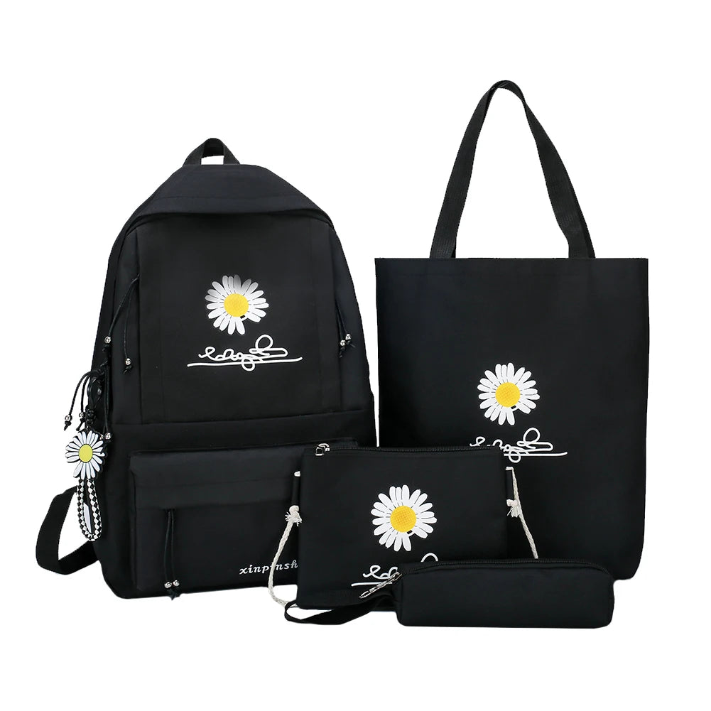 Preppy Daisy Print Canvas Backpacks Set - School Shoulder Bag