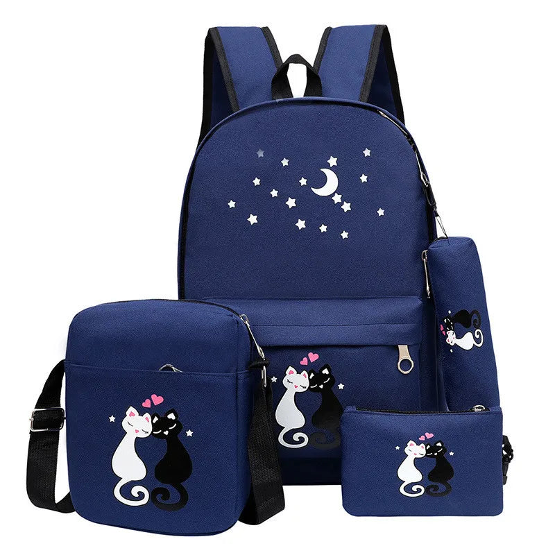 Cat Print Canvas School Bags Teen Girls Backpack Preppy Style Rucksack Mochila