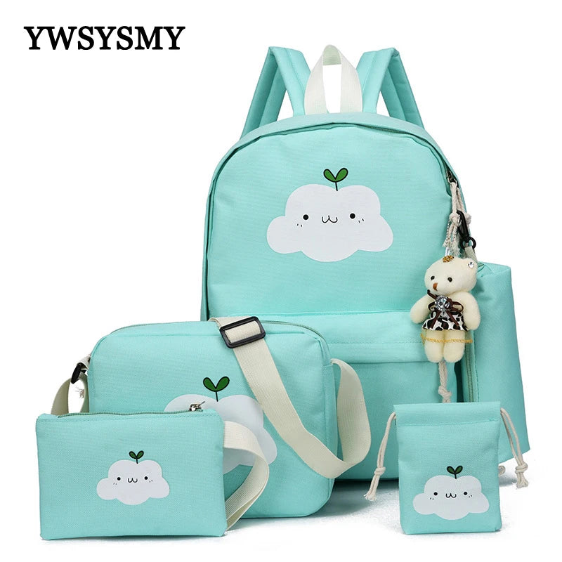 5 Pcs Set Girls Canvas Backpacks for Teenage Girls School Bags