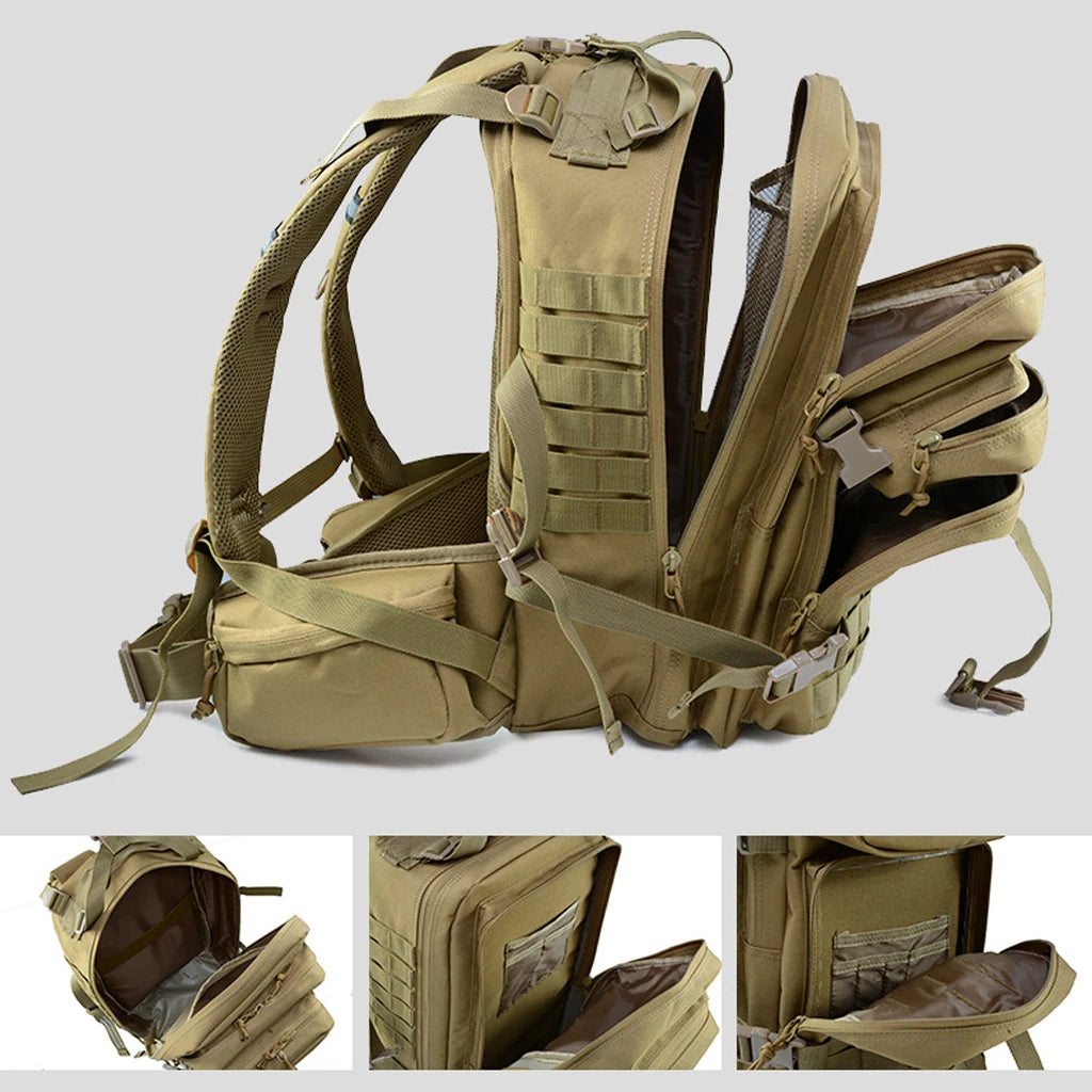 50L Military Backpack Tactical Rucksack Brown Waterproof Backpack