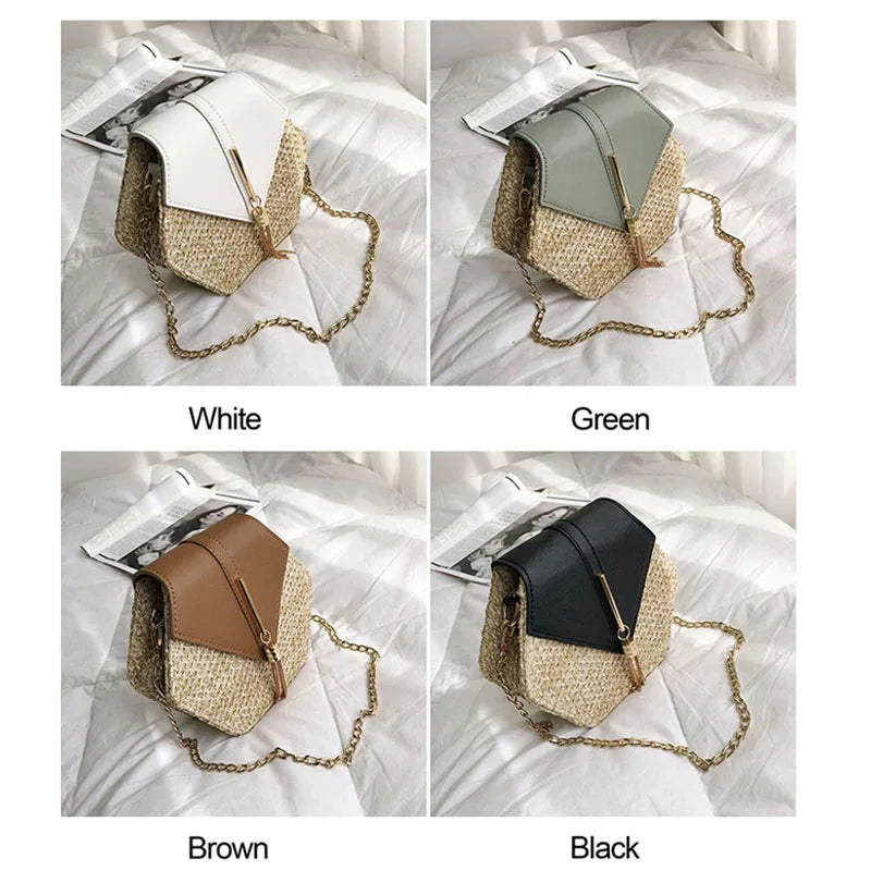 6PCS Straw+Leather Handbag Women Summer Rattan Woven Beach Bohemia Shoulder Bag