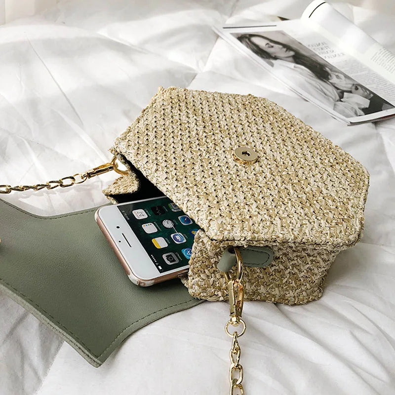 6PCS Straw+Leather Handbag Women Summer Rattan Woven Beach Bohemia Shoulder Bag
