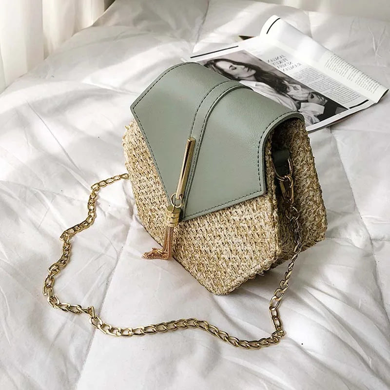 6PCS Straw+Leather Handbag Women Summer Rattan Woven Beach Bohemia Shoulder Bag