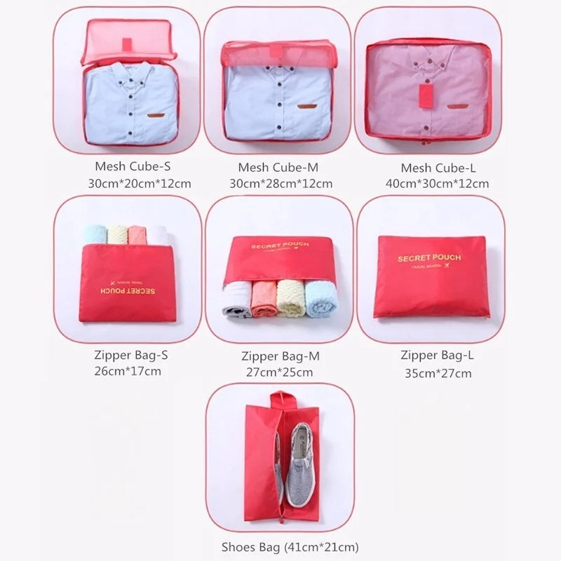 7PCs Travel Bag Packing Cubes Shoes Clothing Pouches Waterproof