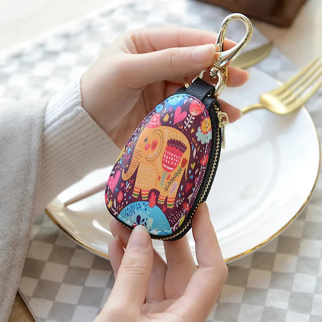 Cartoon Painted Leather Key Wallet For Women Girls