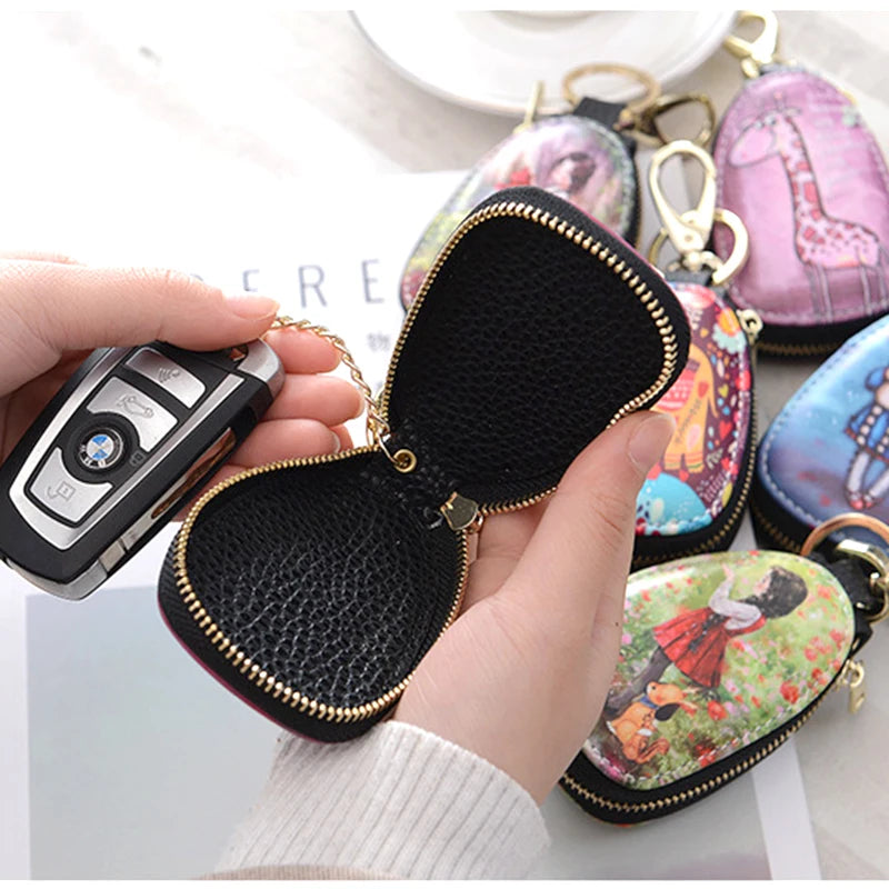 Cartoon Painted Leather Key Wallet For Women Girls