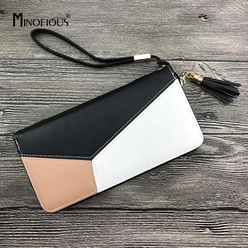 Long PU Leather Purse Tassel Wallet Solid Patchwork Zipper