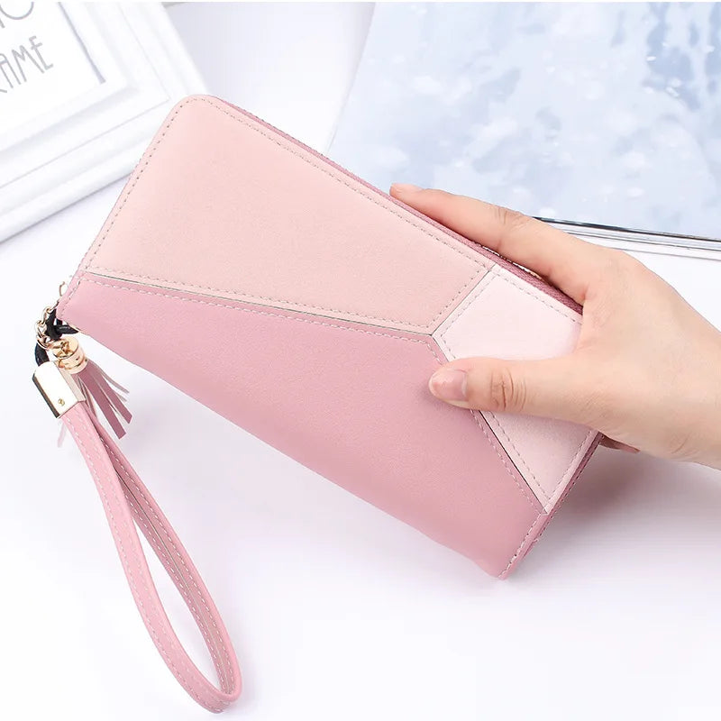 Long PU Leather Purse Tassel Wallet Solid Patchwork Zipper