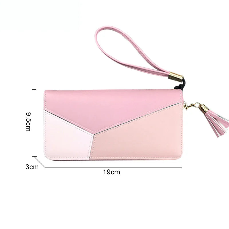 Long PU Leather Purse Tassel Wallet Solid Patchwork Zipper