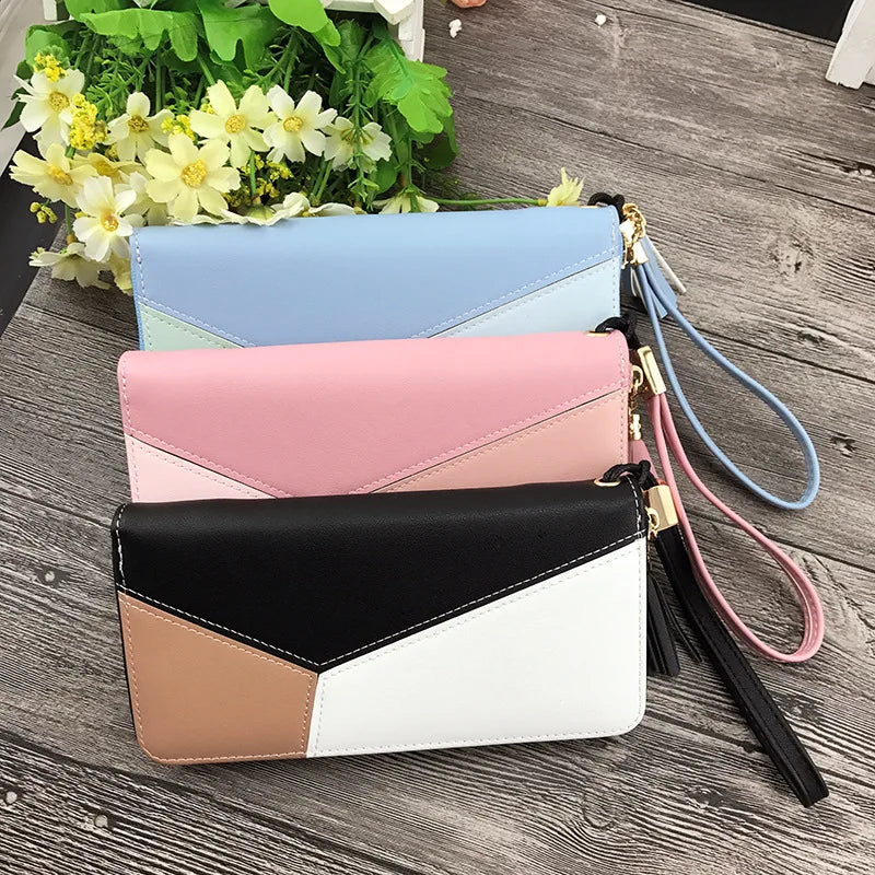 Long PU Leather Purse Tassel Wallet Solid Patchwork Zipper