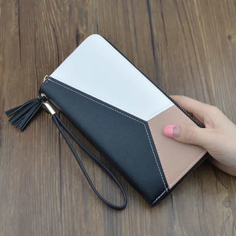 Long PU Leather Purse Tassel Wallet Solid Patchwork Zipper
