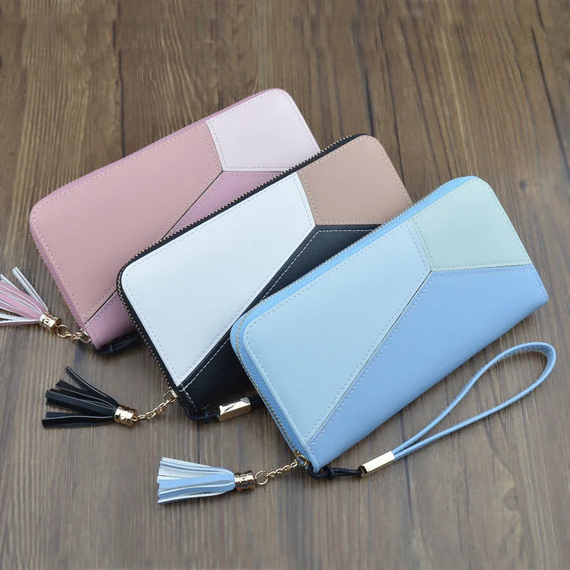 Long PU Leather Purse Tassel Wallet Solid Patchwork Zipper
