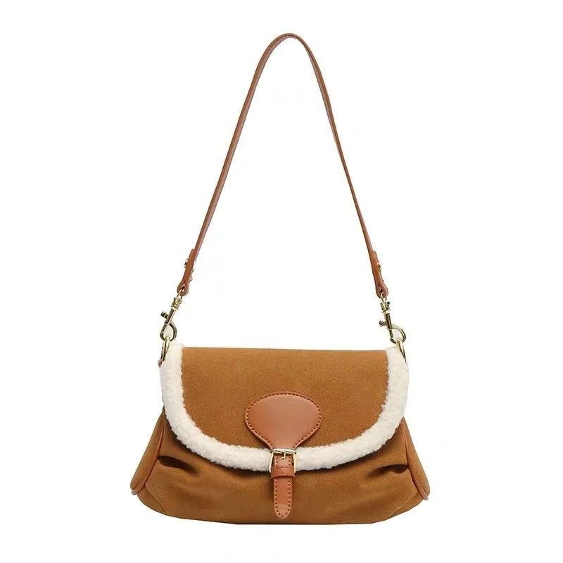 Brown Lambswool Casual Shoulder Bag Vintage Style Handbag