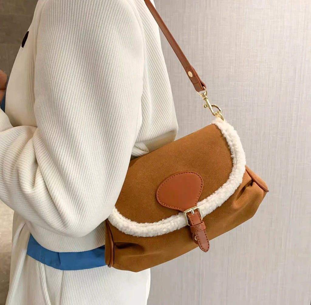 Brown Lambswool Casual Shoulder Bag Vintage Style Handbag
