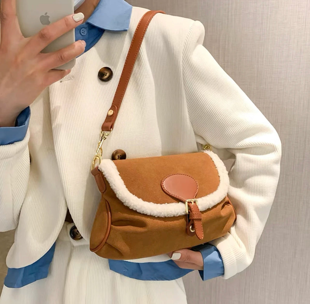 Brown Lambswool Casual Shoulder Bag Vintage Style Handbag