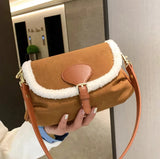 Brown Lambswool Casual Shoulder Bag Vintage Style Handbag