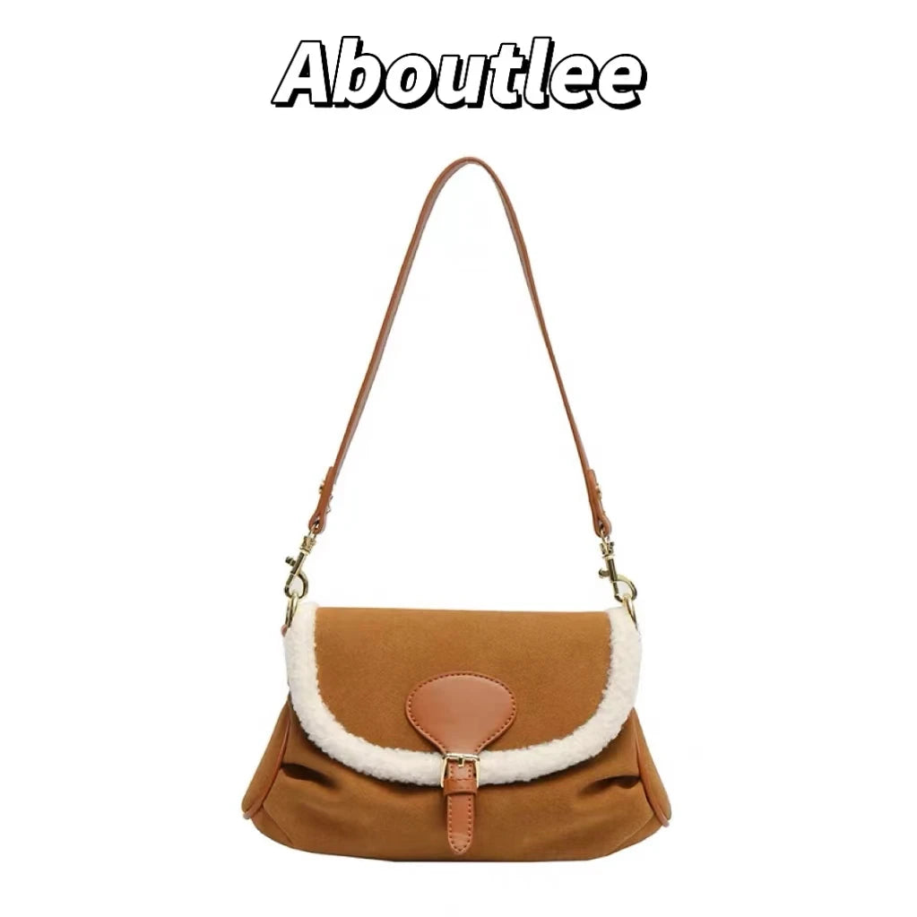 Brown Lambswool Casual Shoulder Bag Vintage Style Handbag