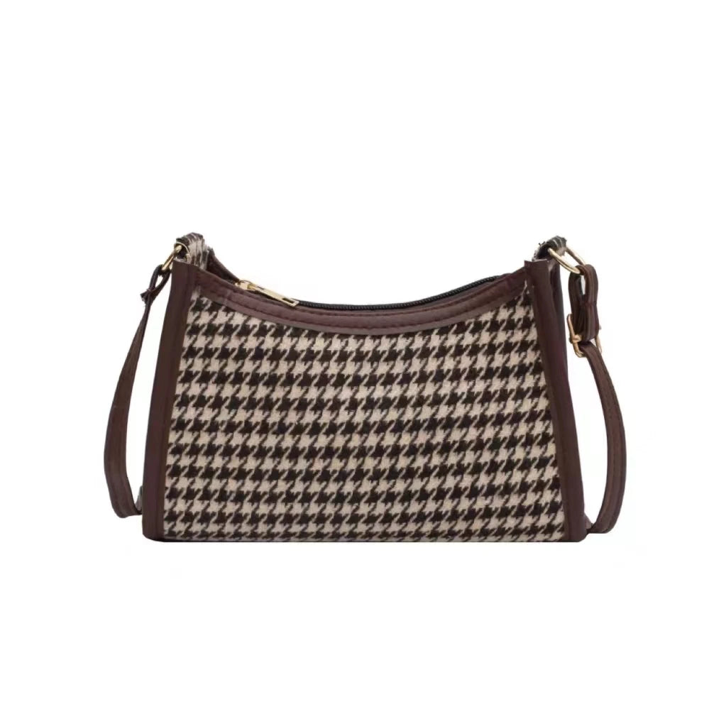 Brown Plaid Vintage Shoulder Bag Women Casual Houndstooth Crossbody Bag
