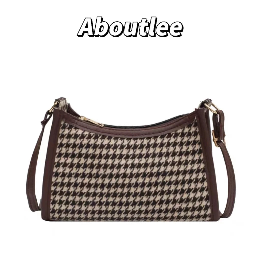 Brown Plaid Vintage Shoulder Bag Women Casual Houndstooth Crossbody Bag