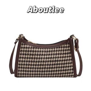 Brown Plaid Vintage Shoulder Bag Women Casual Houndstooth Crossbody Bag