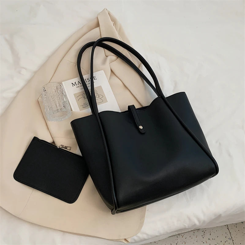 Retro PU Leather Shoulder Bags Women Large Capacity Totes with Small Zipper Bag