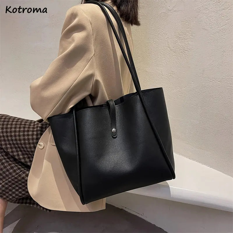 Retro PU Leather Shoulder Bags Women Large Capacity Totes with Small Zipper Bag