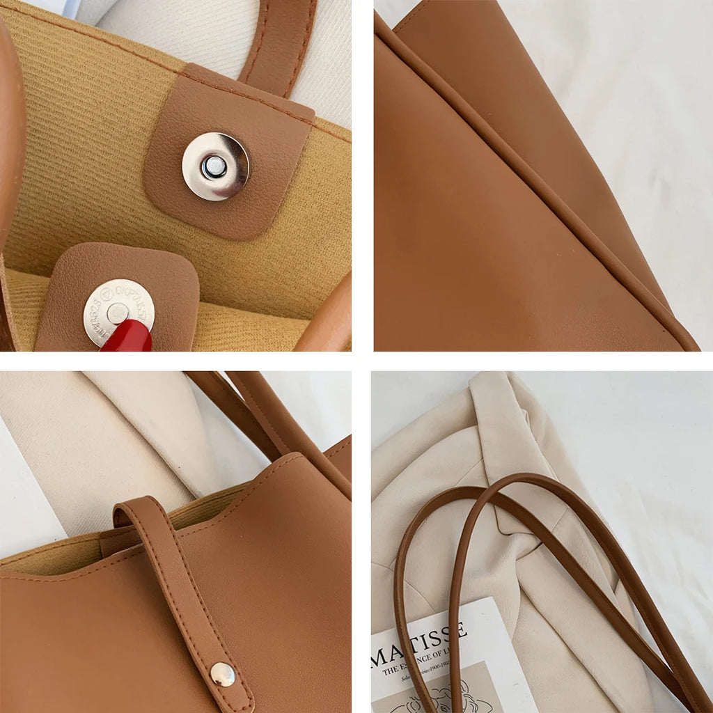 Retro PU Leather Shoulder Bags Women Large Capacity Totes with Small Zipper Bag