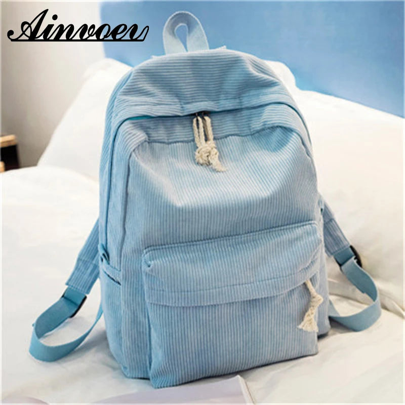 Striped Corduroy School Backpack for Teen Girls