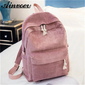 Striped Corduroy School Backpack for Teen Girls